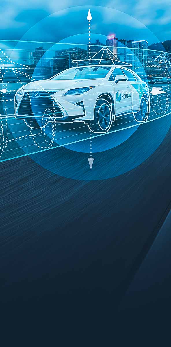 一辆被代表自动化的数字元素包围的汽车