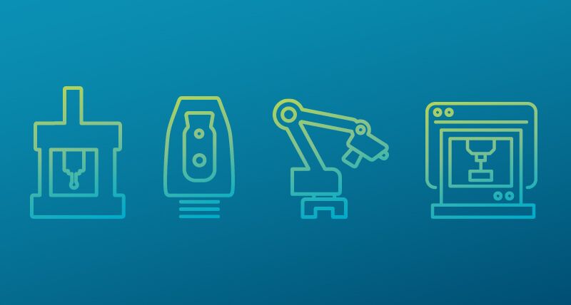 四个图标的三坐标测量机,激光跟踪器,便携式测量臂和数控机床为Hexagon的资产管理解决方案